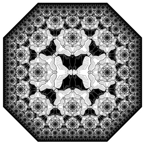 Digital art print with an Escher-like fractal tessellation (tiling) of bats and owls.