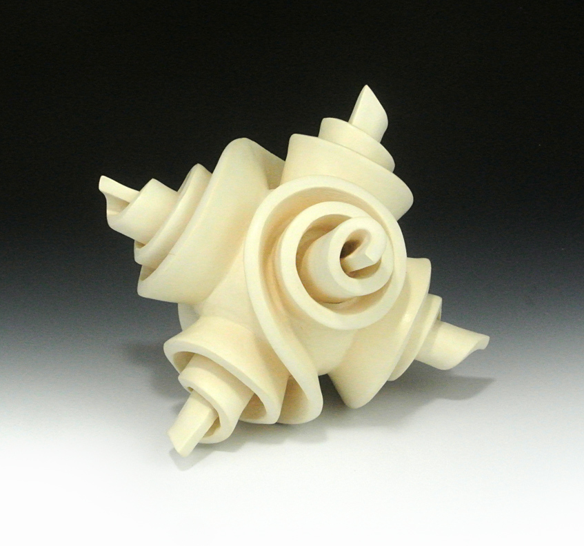 Abstract ceramic sculpture with raised spirals on a sphere.