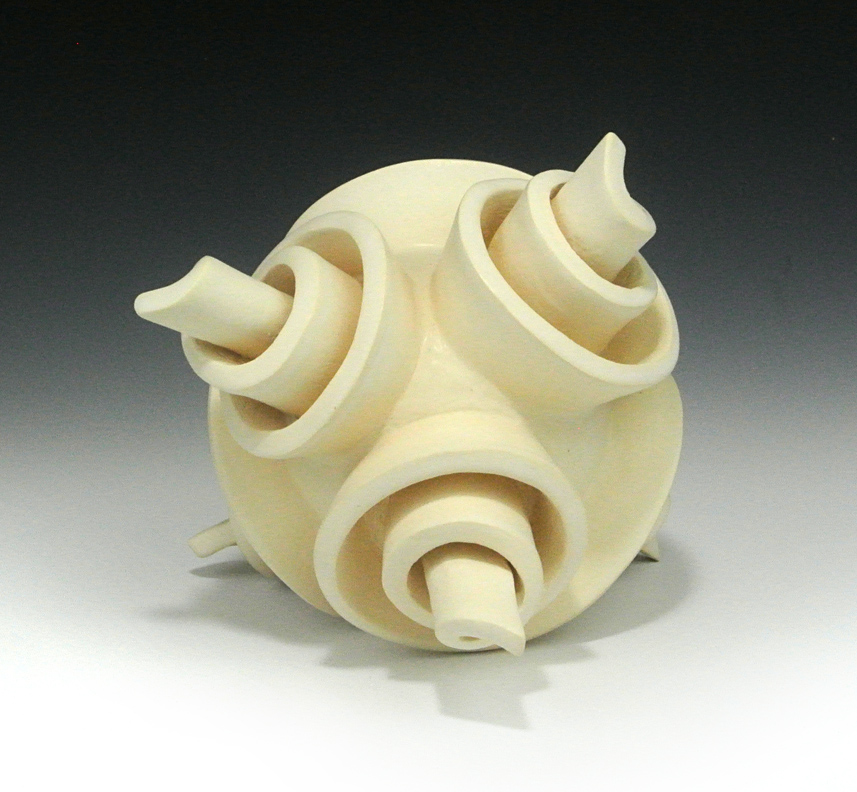 Abstract ceramic sculpture with raised spirals on a sphere.
