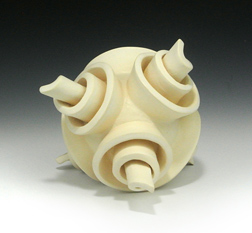 Abstract ceramic sculpture with raised spirals on a sphere, second view.