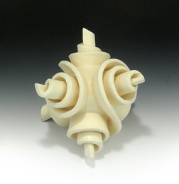 Abstract ceramic sculpture with raised spirals on a sphere, third view.