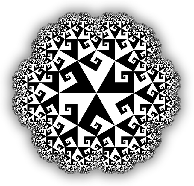 Digital art print of a fractal tessellation of spiral-shaped tiles.