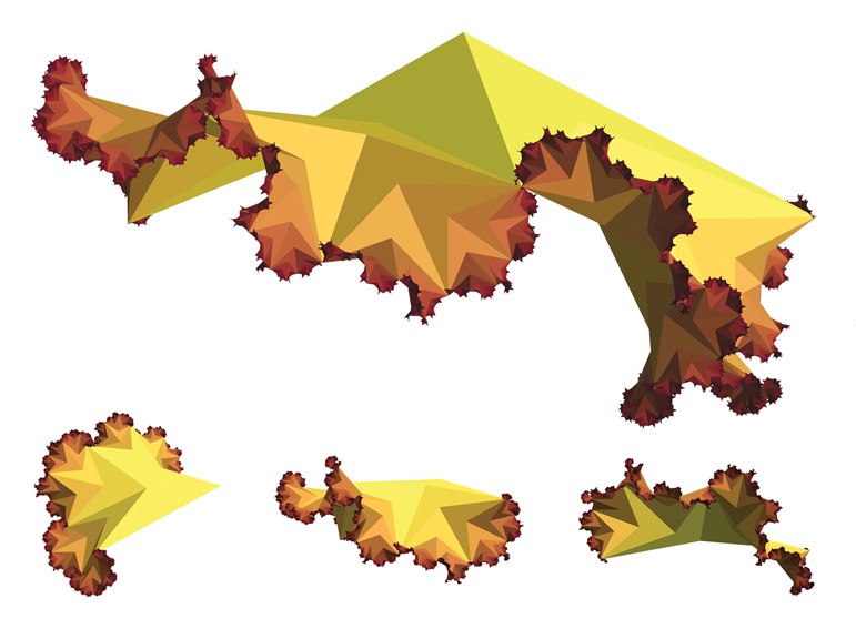 Digital art print showing four views of a three-dimensional hyperbolic tiling surface.