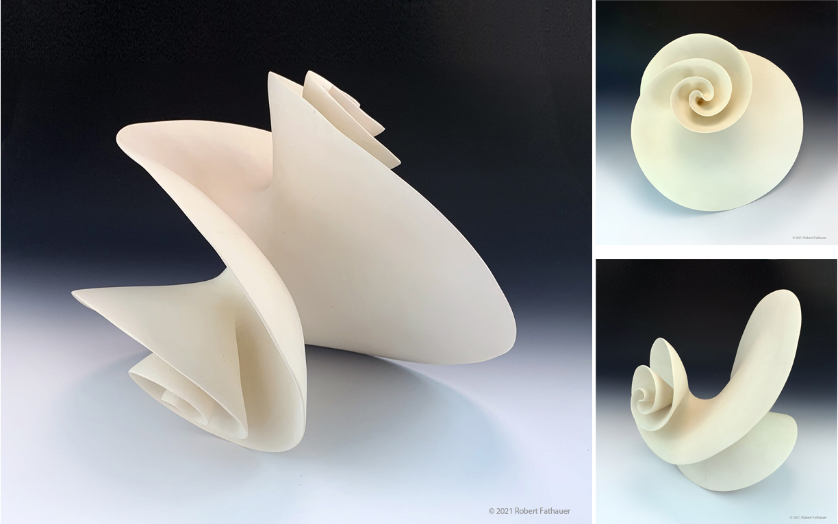 Ceramic sculpture with a helical form.