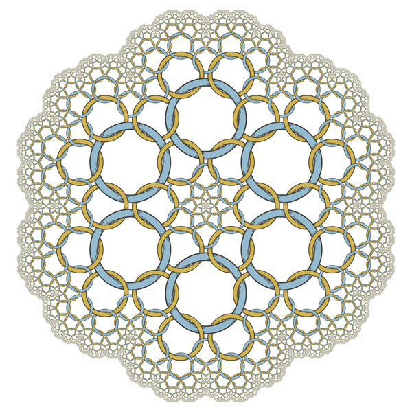 Digital art print of a fractal arrangement of interlocked rings.